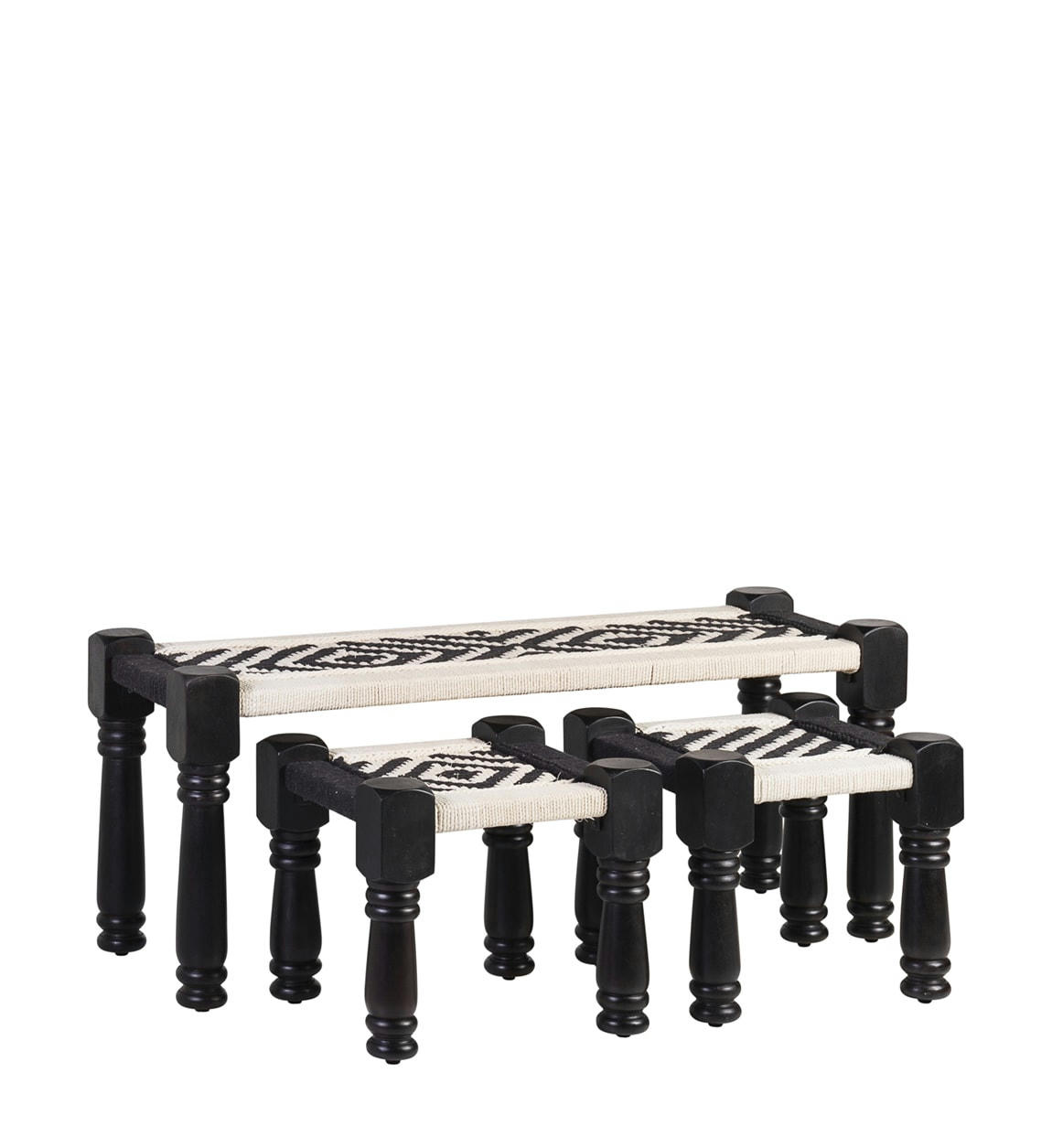 - Set de 2 bancs et 2 tabourets en bois et ficelle bicolorée