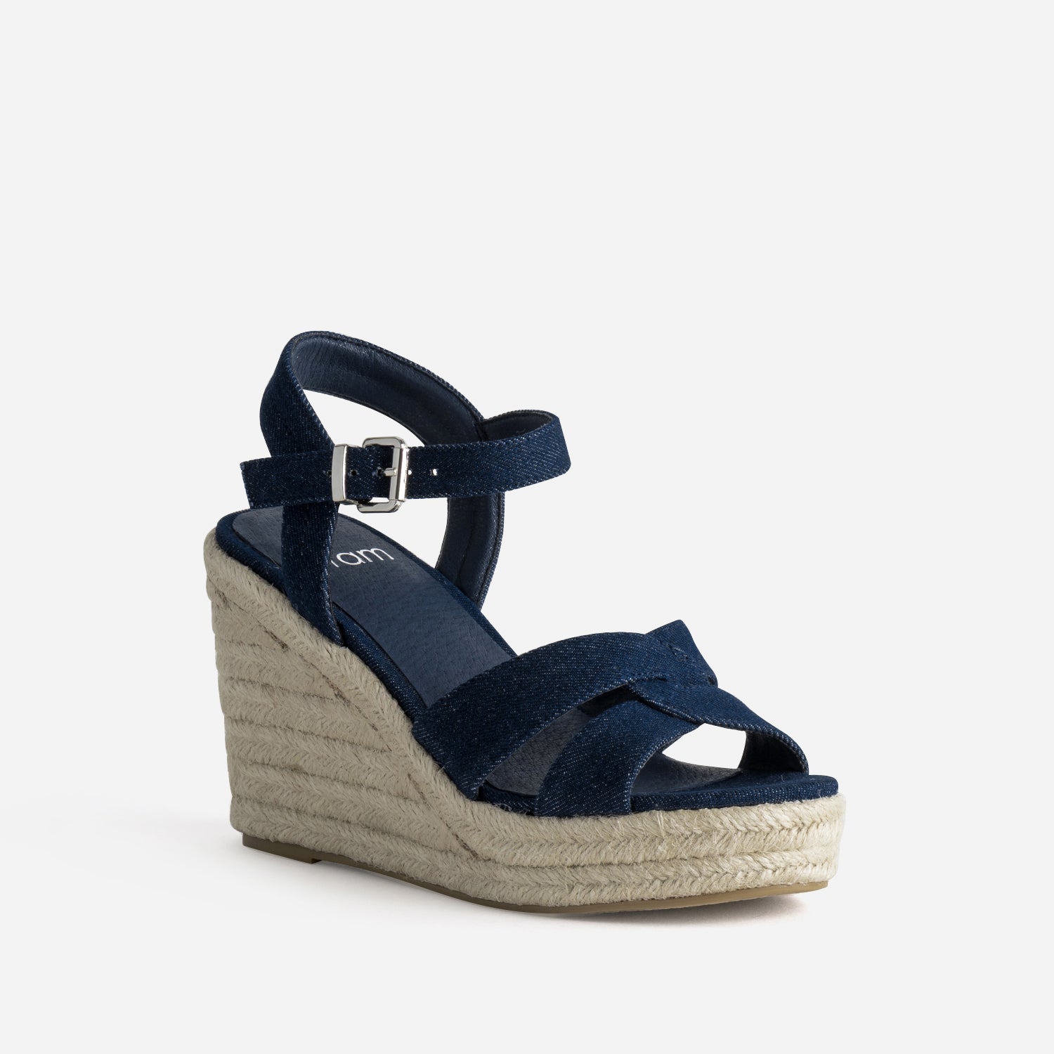Sandale compensée marine façon denim