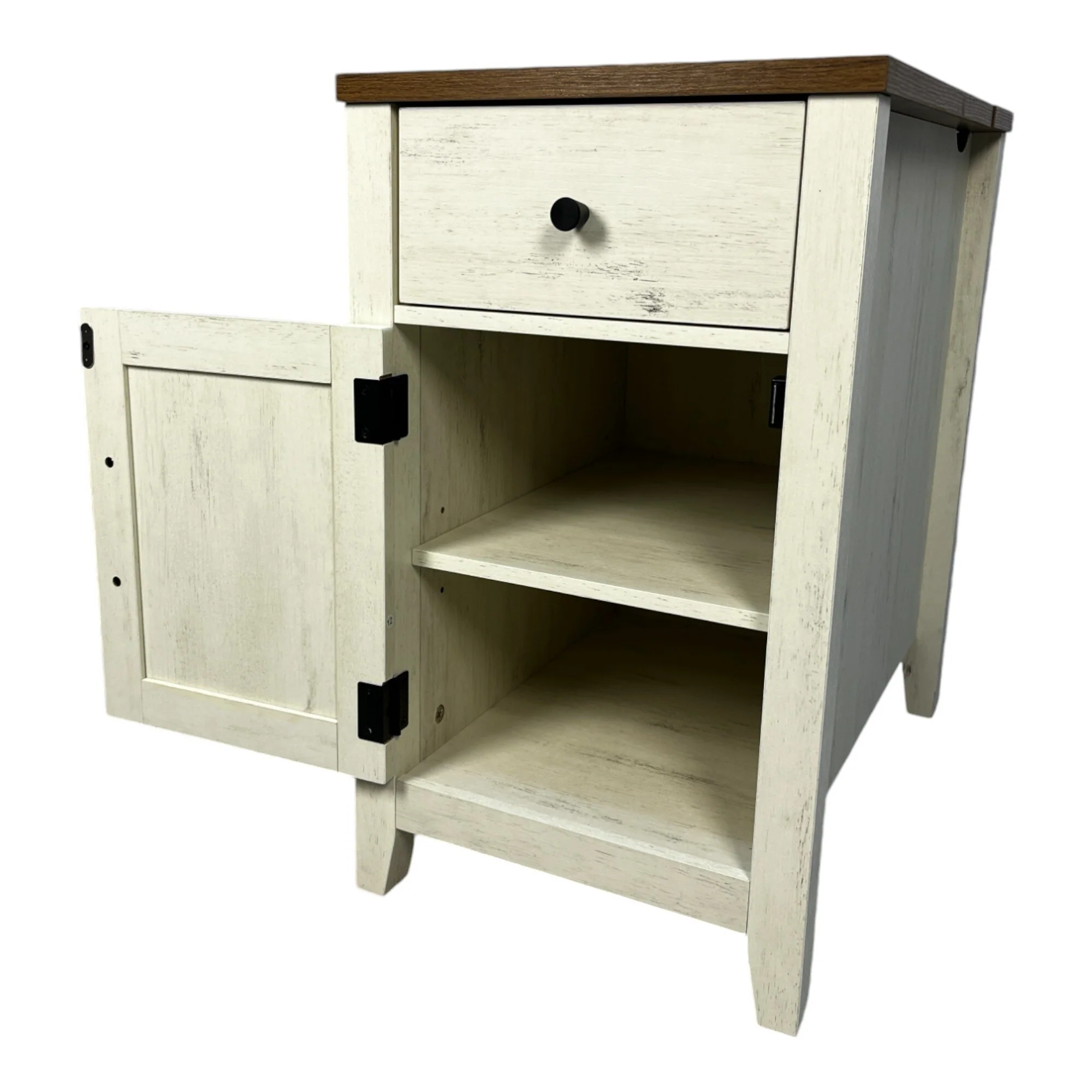 Farmhouse End Table With Charging Station, Night Stand With Barn Door And Drawer