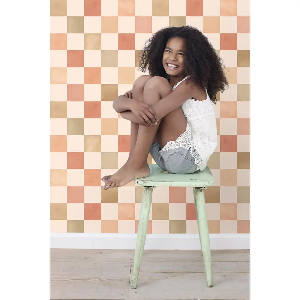 ESTAhome behang geblokt motief beige en terracotta - 50 x 900 cm