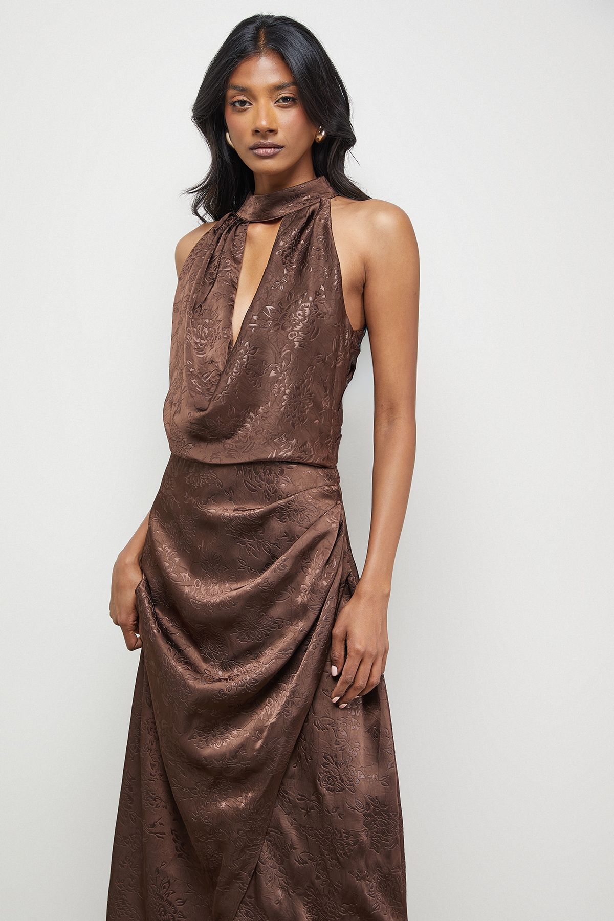 Warehouse Satin Jacquard Halter Keyhole Front Midi Dress