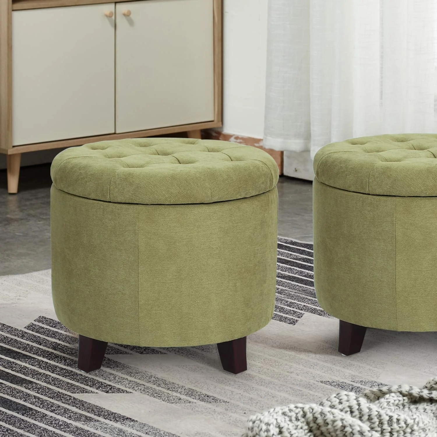 Adeco Round Button-tufted Lift-top Storage Ottoman
