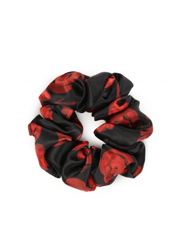 Satin black scrunchie with red roses