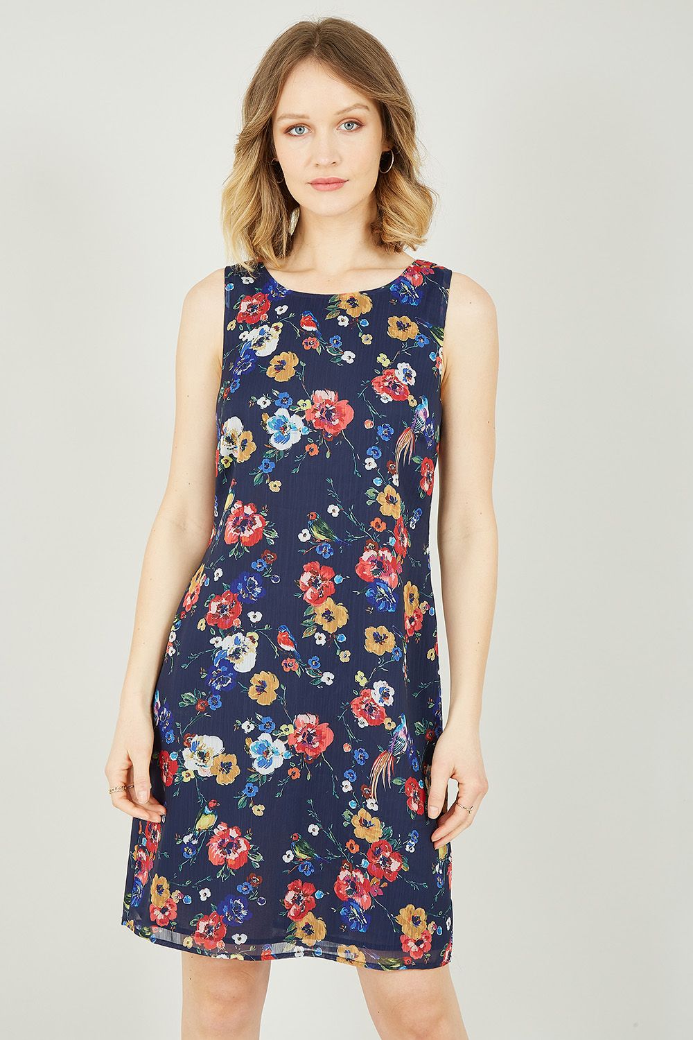 Yumi Navy Bird And Floral Print Shift Dress