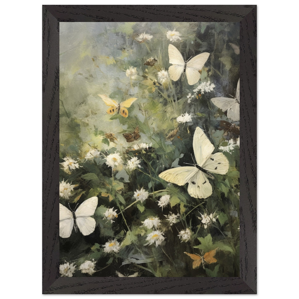 Artfulprints Poster met Lijst Butterflies in flowerfield  - A4 21x29.7 cm - Donkergroen