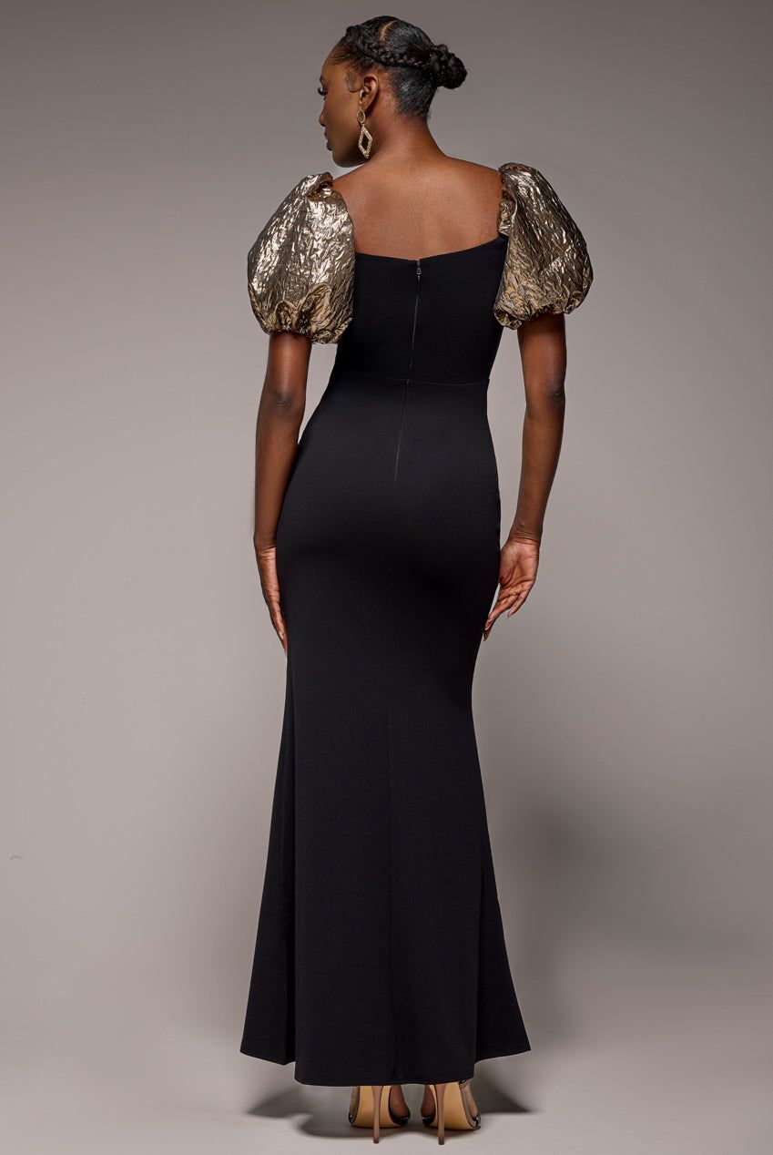 Goddiva Jacquard Puff Sleeve Sweetheart Scuba Maxi Dress