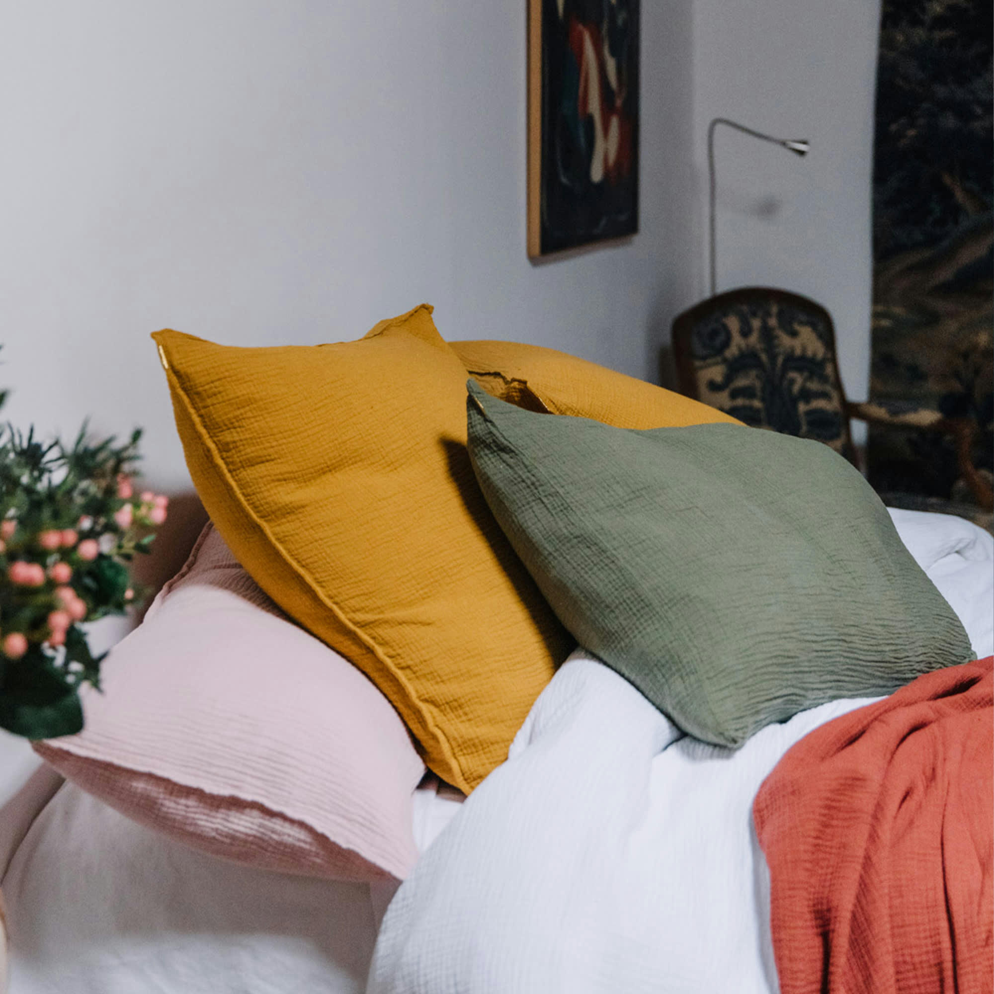 - Taie d'oreiller en double gaze de coton jaune safran 65x65 cm