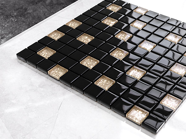 Mosaïque en verre sur filet pour salle de bain ou cuisine 30 cm x 30 cm - Black pepper