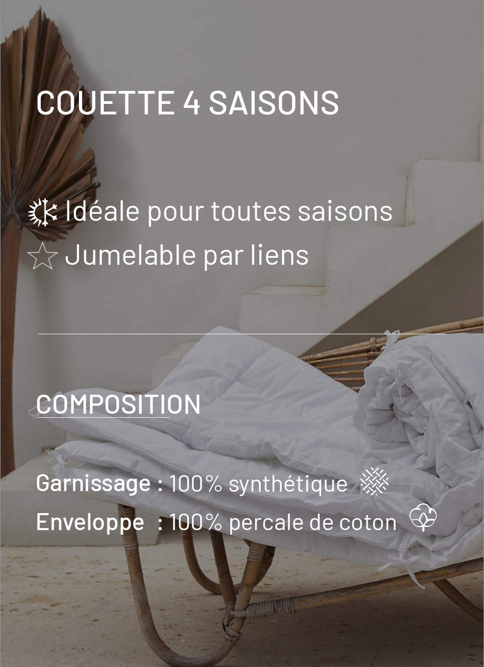 COUETTE 4 SAISONS EN PERCALE DE COTON 175/300 GR BLANC