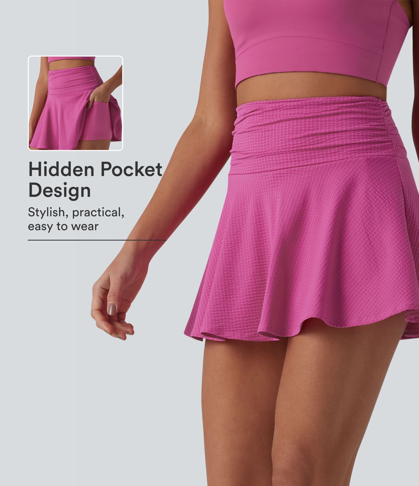 Jupe mini évasée 2-en-1 de tennis taille haute à séchage rapide, avec poches – Protection UPF 40