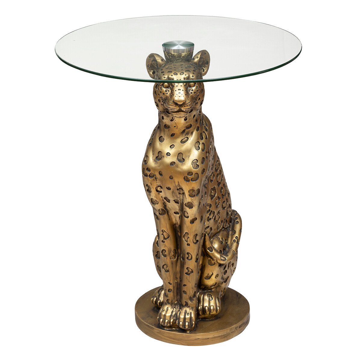 Mesa de apoio com base forma de leopardo dourado em resina