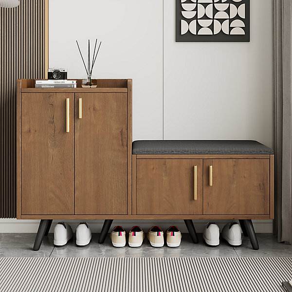 Meuble à chaussures naturel avec 4 portes, poignées métalliques asymétriques, panneaux particules   métal, 120x34x82,8 cm
