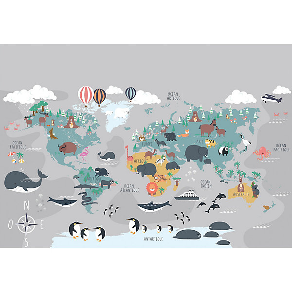 Papier peint panoramique intissé enfant carte du monde animaux, 8 lés, L.280 x l.400cm IDPanneaux