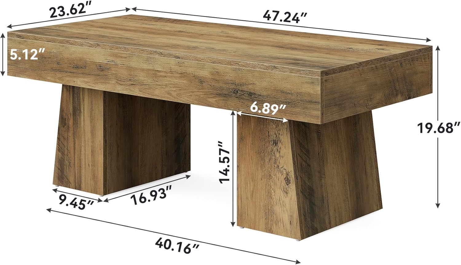 LITTLE TREE Farmhouse Coffee Table, 47 Inches Wooden Rectangular Accent Center Tables with Thick Base, Modern Low Cocktail Tea Furniture for Living Room (Rustic Brown)