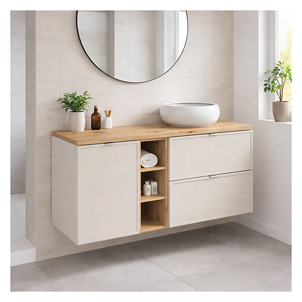 Ensemble BRAZZA : meubles sous vasque à tiroirs 140cm avec panier à linge et niches visibles et plan pour vasque aspect bois