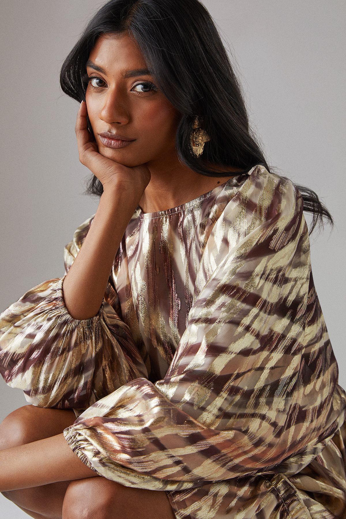 Warehouse Metallic Jacquard Volume Sleeve Mini Dress