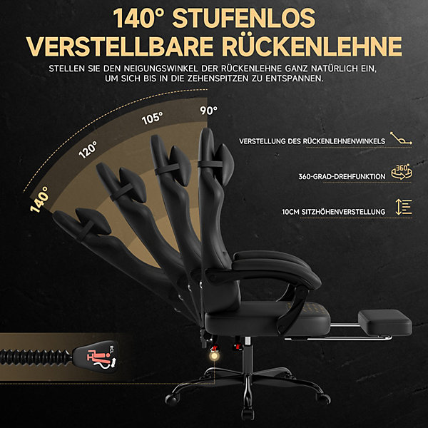Fauteuil Gamer Fauteuil Cuir avec Repose-Pieds et Soutien Lombaire - Ergonomique Inclinable pour Bureau et Ordinateur - Noir