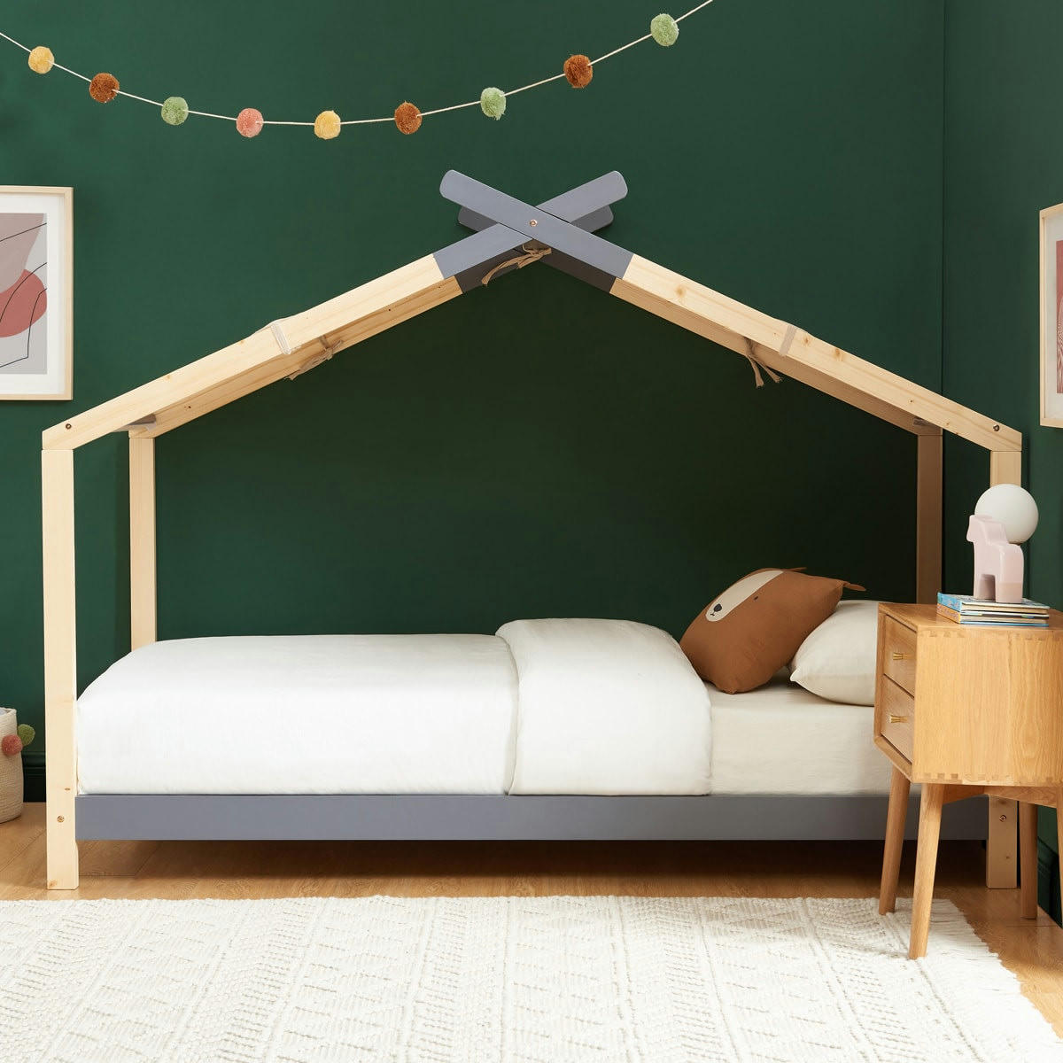 CHARLY - Lit cabane 90x190 en pin massif gris anthracite avec sommier