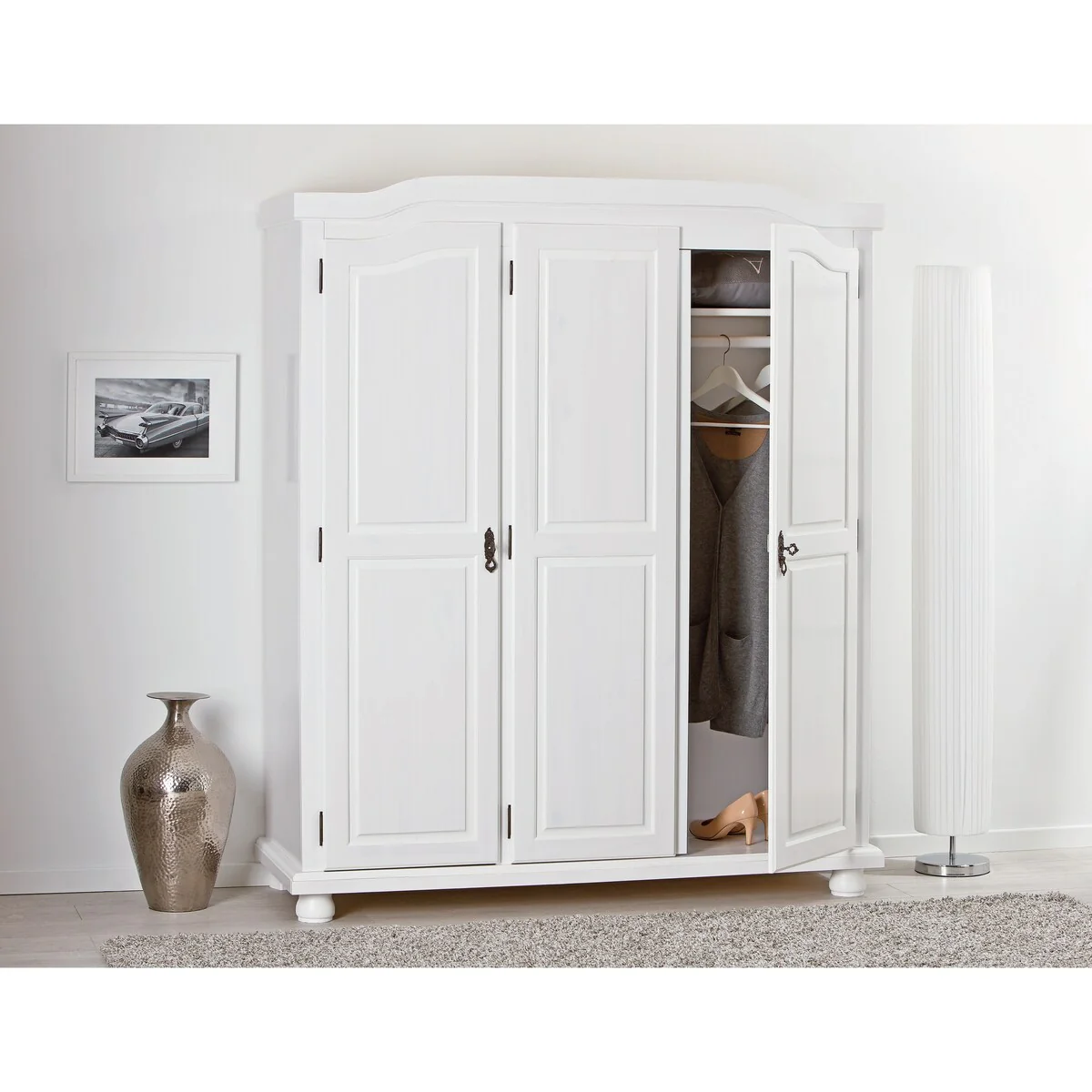 Solid Wood Bastian Wardrobe With Lock, Whitewash