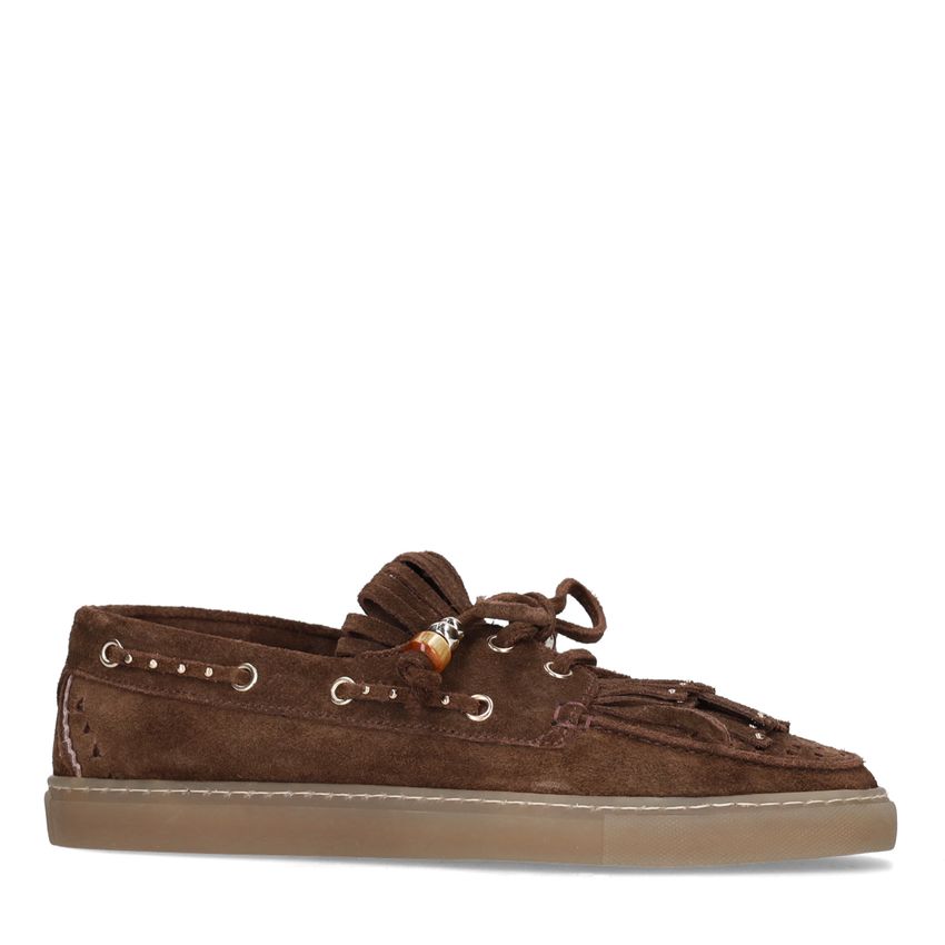Manfield Bruine suède boatloafers met franjes