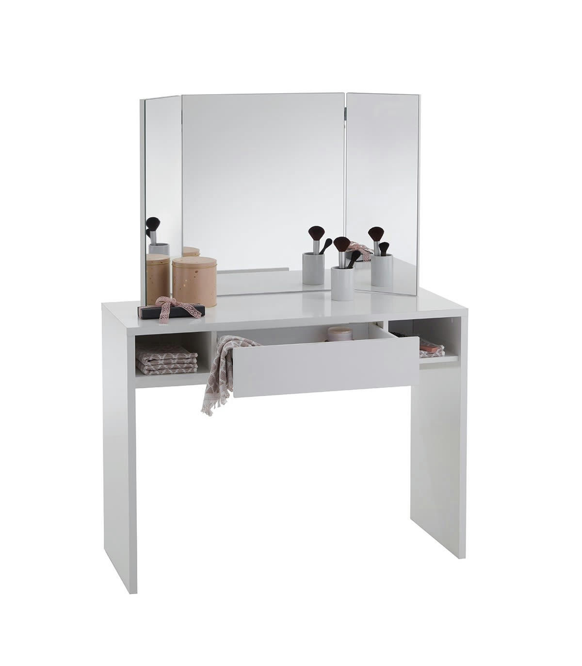 SCHMINKI - Coiffeuse 1 Tiroir 2 Niches avec Miroir 3 Pans