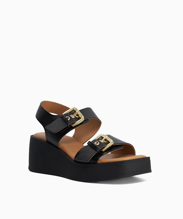 Karola Black - Wedge Double Buckle Sandals