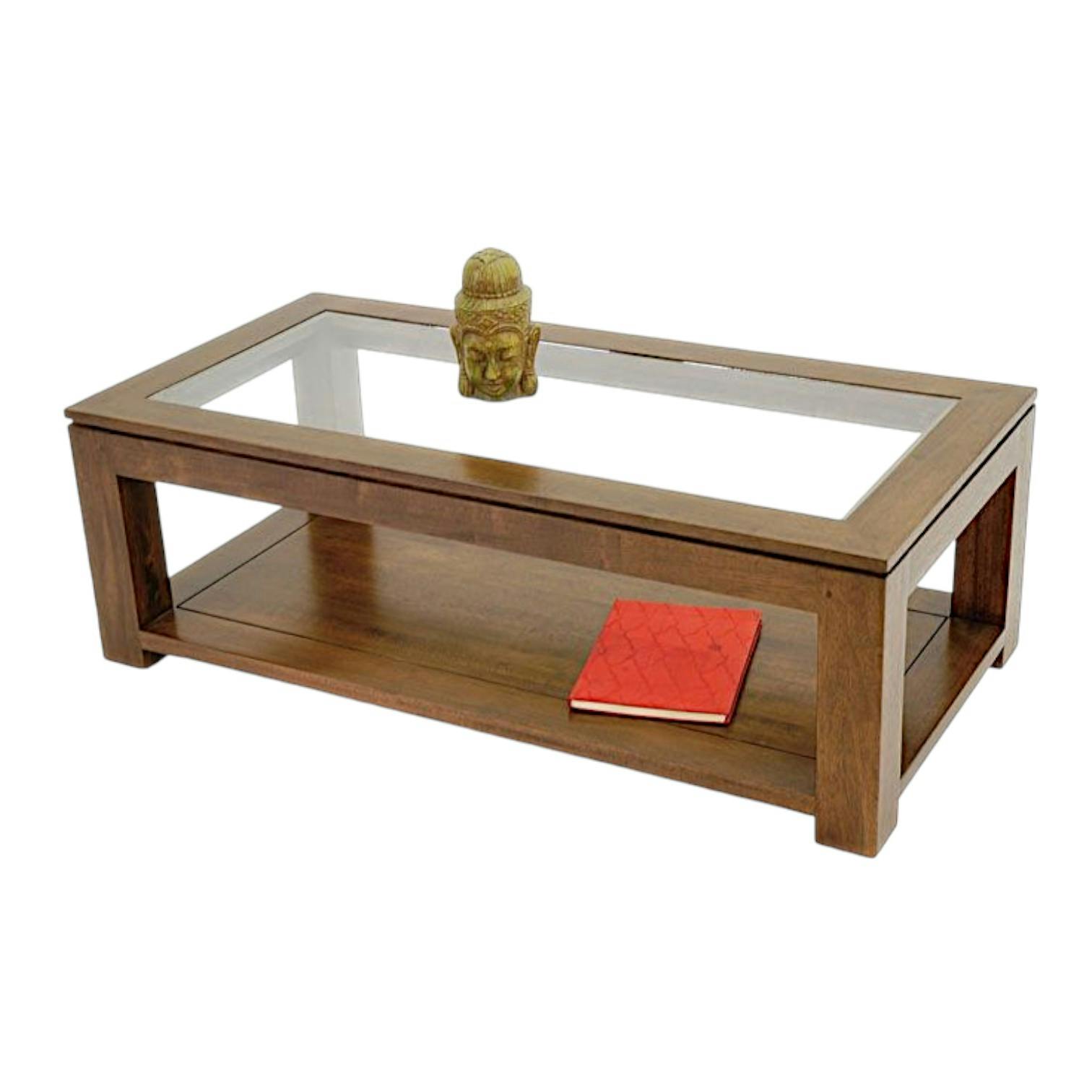 Table basse vitrée hévéa 2 plateaux 120X60cm HELENA
