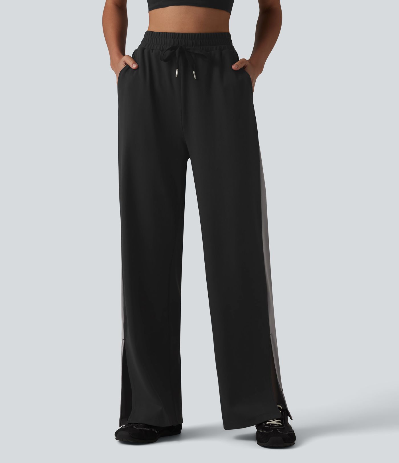 DayStretch Pantalon droit de yoga taille haute cordon de serrage rayures color block fentes latérales avec poches