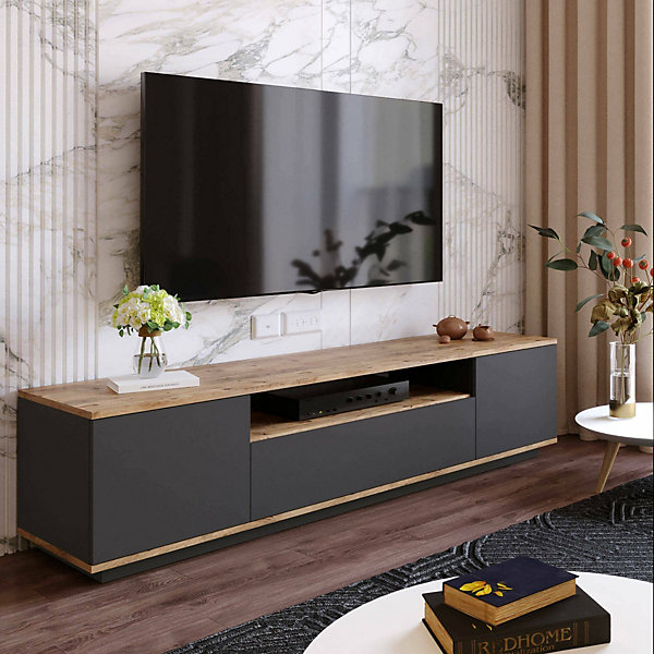 Meuble TV Sinope, Buffet de salon, Armoire basse pour TV, Base murale de rangement, 180x45h45 cm, Chêne et Anthracite