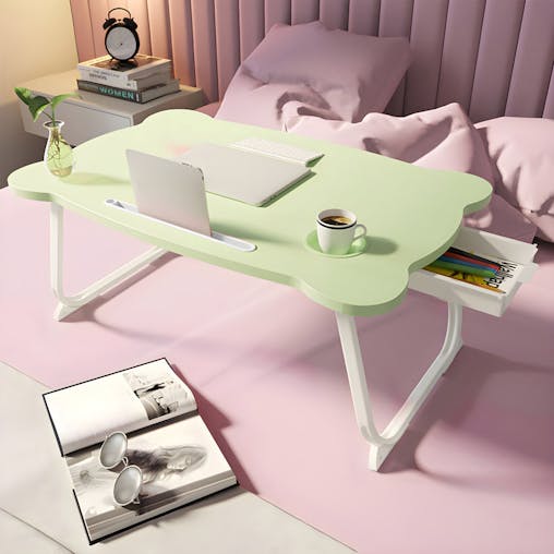 SOGA 2XGreen Portable Bed Table Adjustable Folding Mini Desk With Mini Drawer and Cup-Holder Home Decor