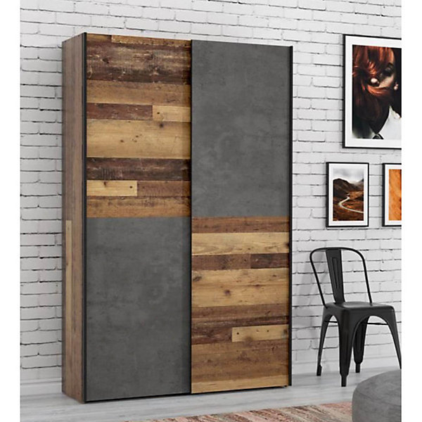 Armoire 120 cm 2 portes coulissantes décor bois vintage béton - MARSO