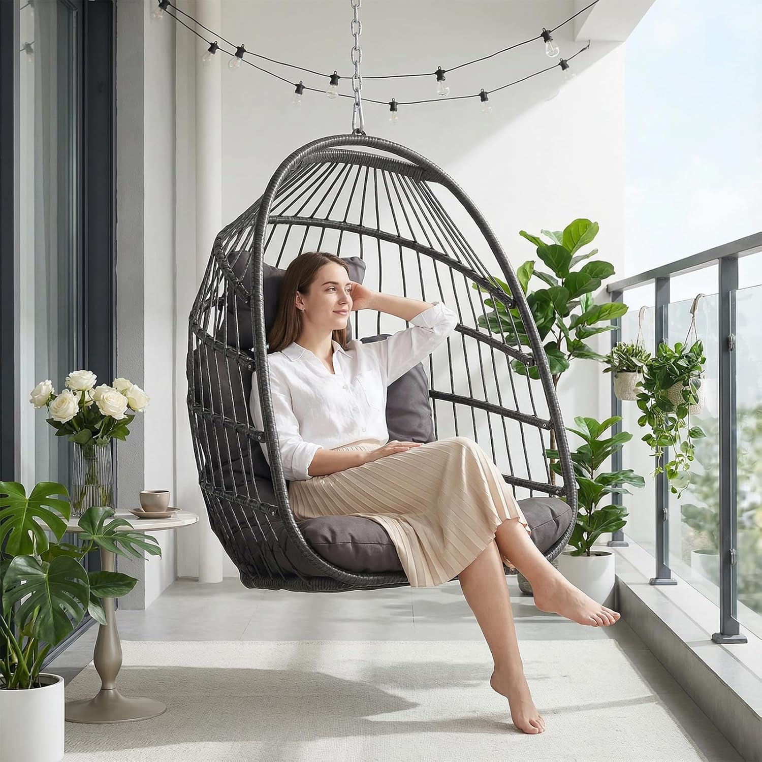 NICESOUL Egg Chair No Stand Outdoor Indoor, 350lbs Capacity Sturdy Patio Wicker Swing Hanging Chair, Hammock Egg Ceiling/Tree Chairs with Cushions for Bedroom Porch Deck Balcony, Gray Without Stand