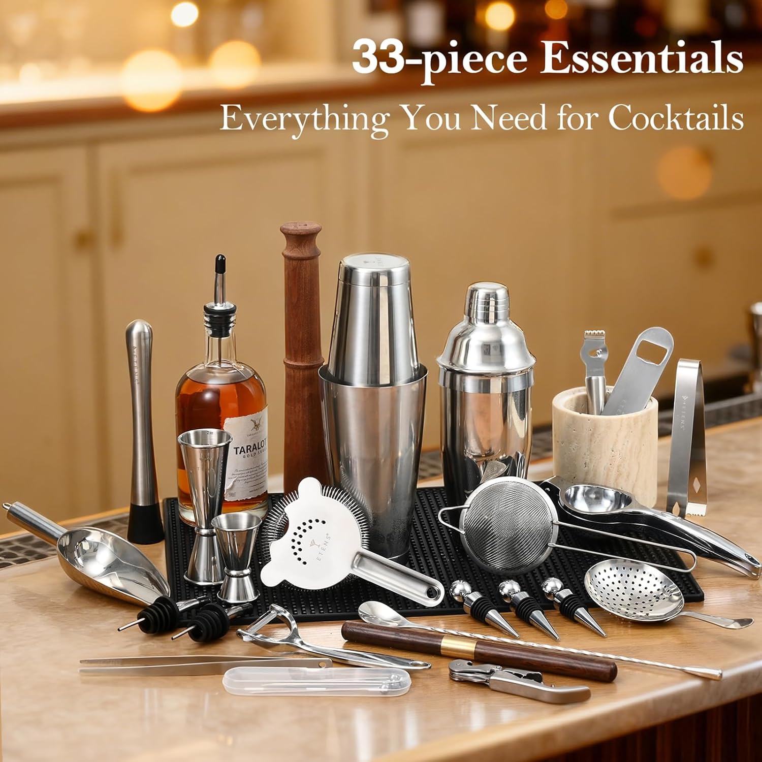 ETENS 33-Piece Professional Bartender Kit with Weighted Boston Shaker – High End Mixology Set for Home Bar – Stainless Steel Barware Tool Set Unbreakable Citrus Squeezer, Ice Scoop & Mixing Glass
