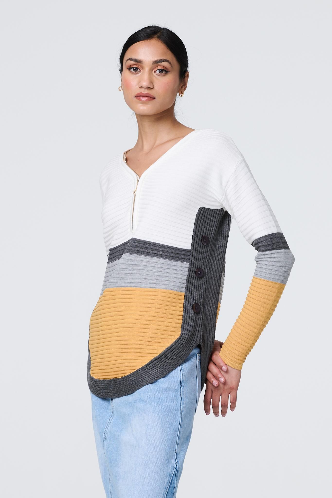 Izabel London Colour Block Zip Detail V-Neck Jumper