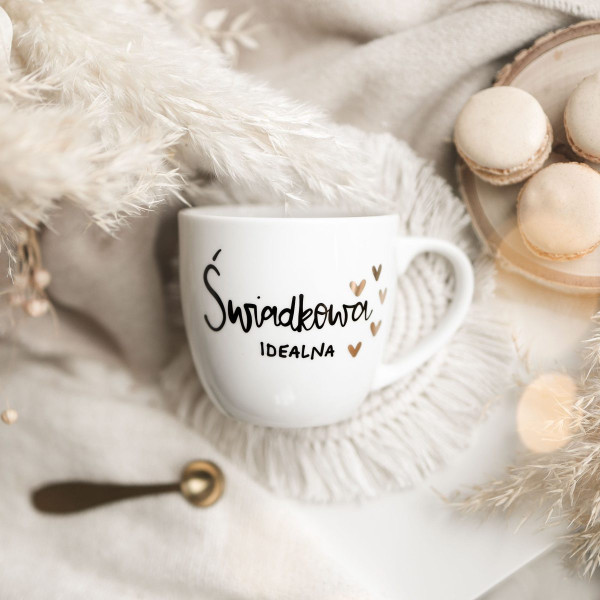 Biały kubek porcelanowy 300 ml - Świadkowa idealna złote serduszka