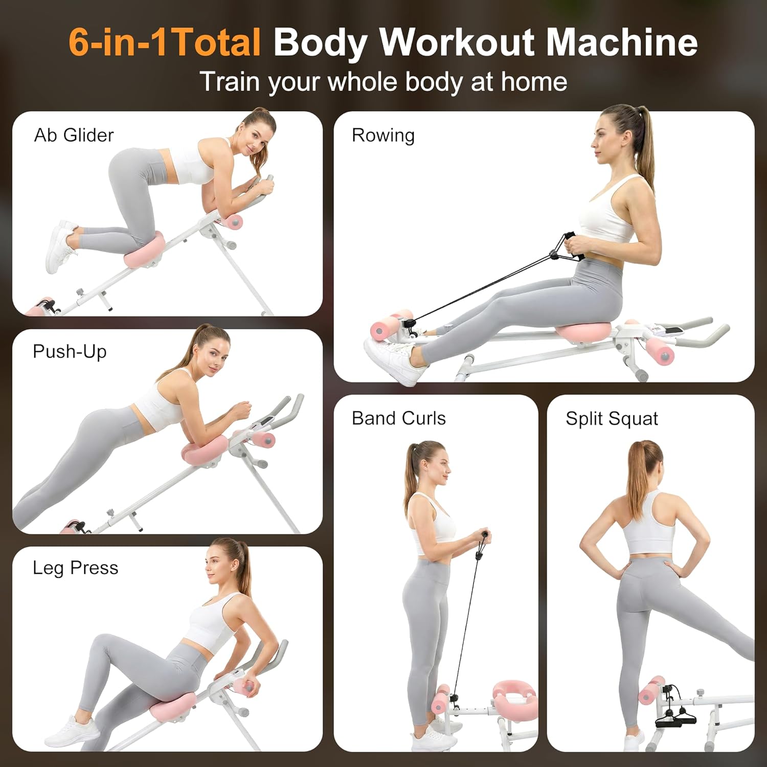 Multifunctional Ab Machine, 6-in-1 Ab Workout Equipment for Home Gym, Adjustable Core & Waist Trainer with 7 Height Levels & 2 Incline Angles, Rowing Mode, Knee Glider