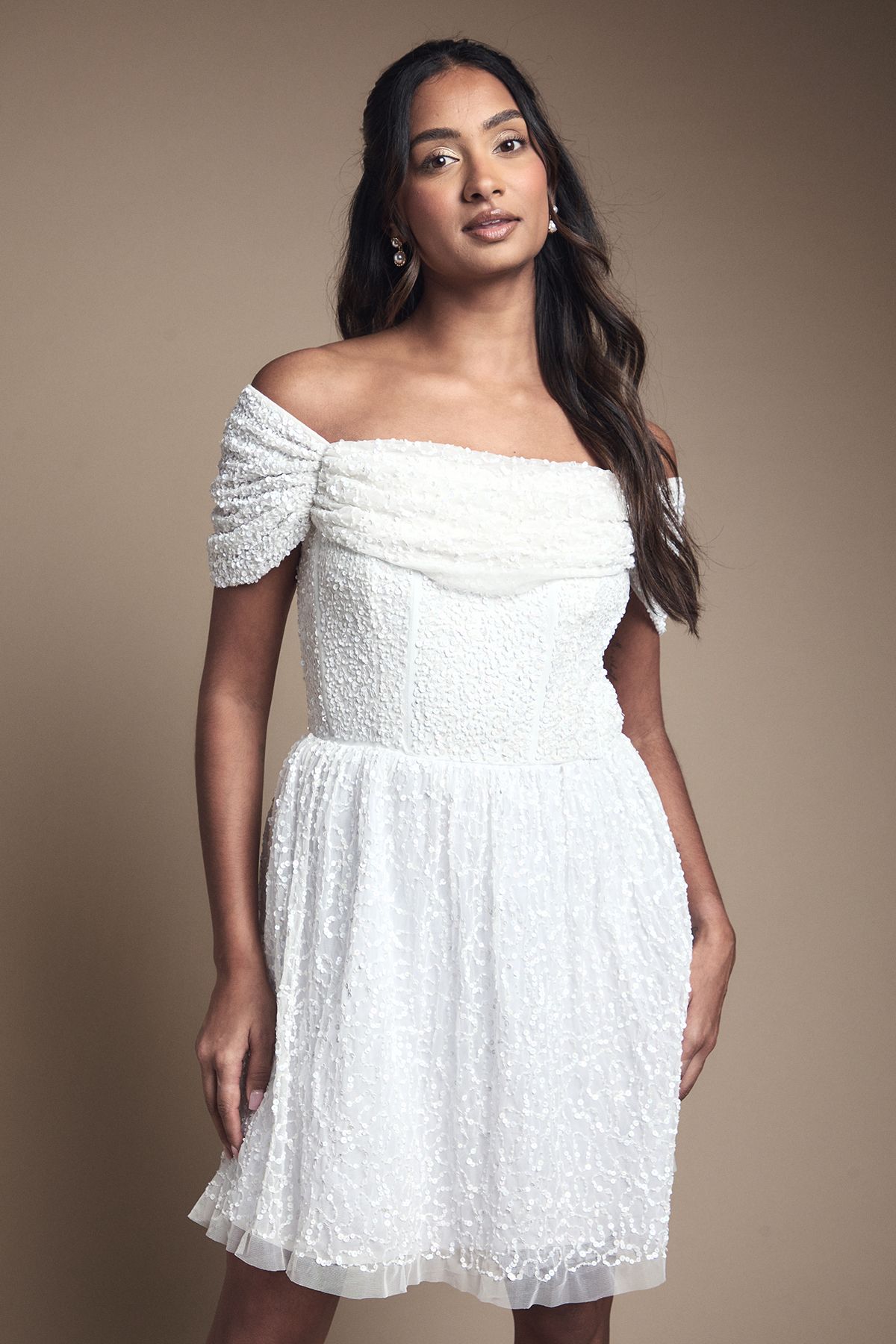 Coast Bardot Full Skirted Embellished Bridal Mini Dress