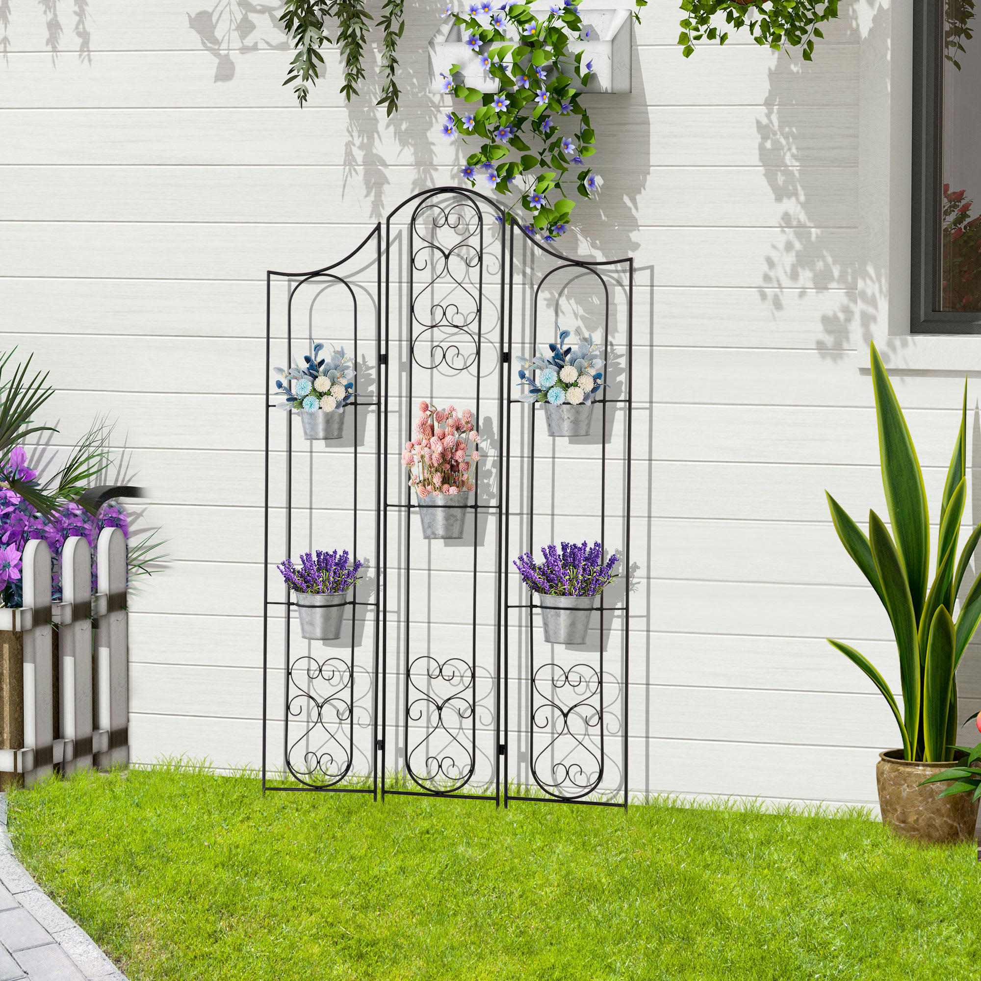 - Étagère de pots de fleurs métal style fer forgé 5 pots fleurs inclus