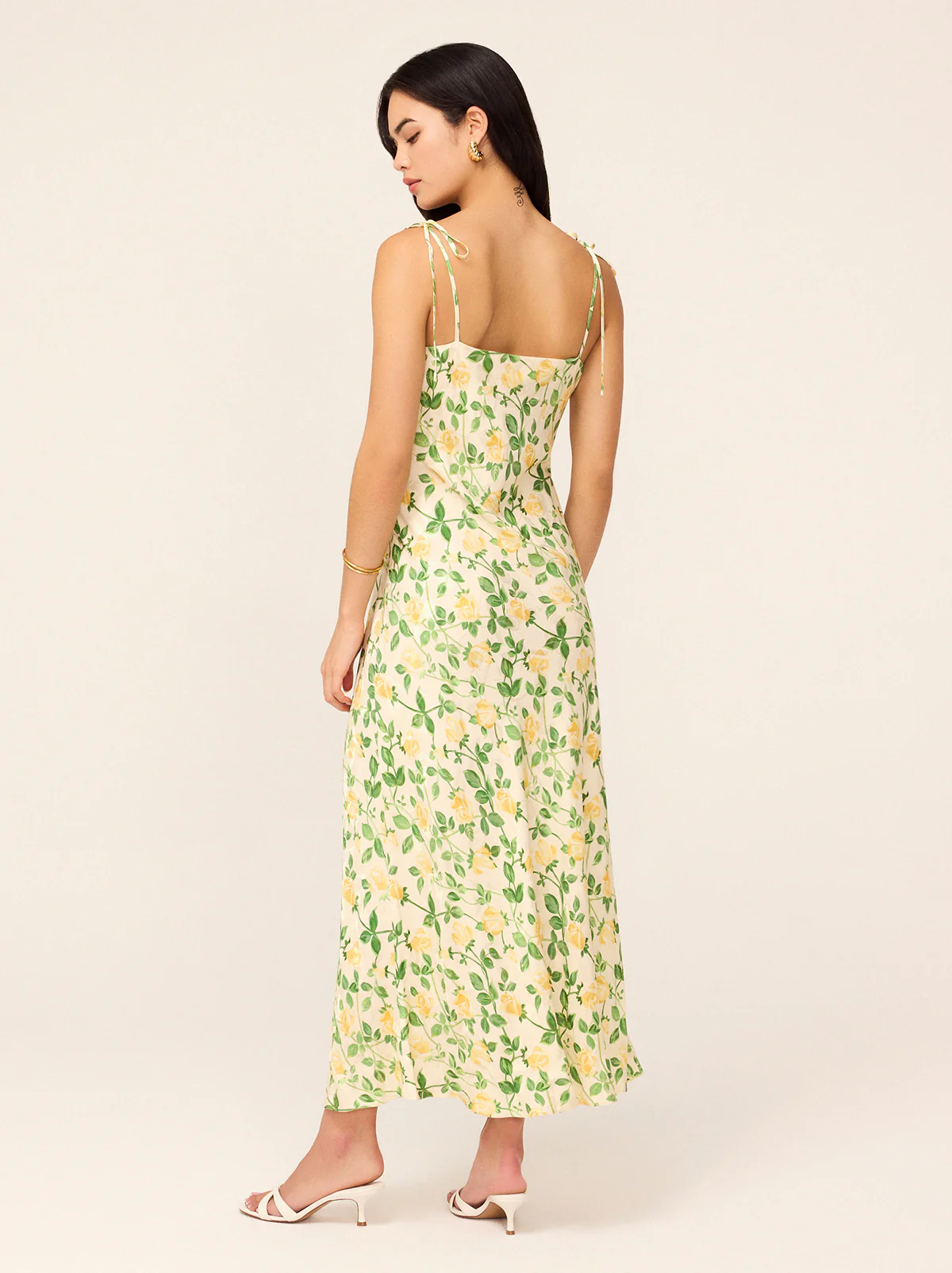 Giulia Yellow Rose Printed Jacquard Tie Shoulder Maxi Dress