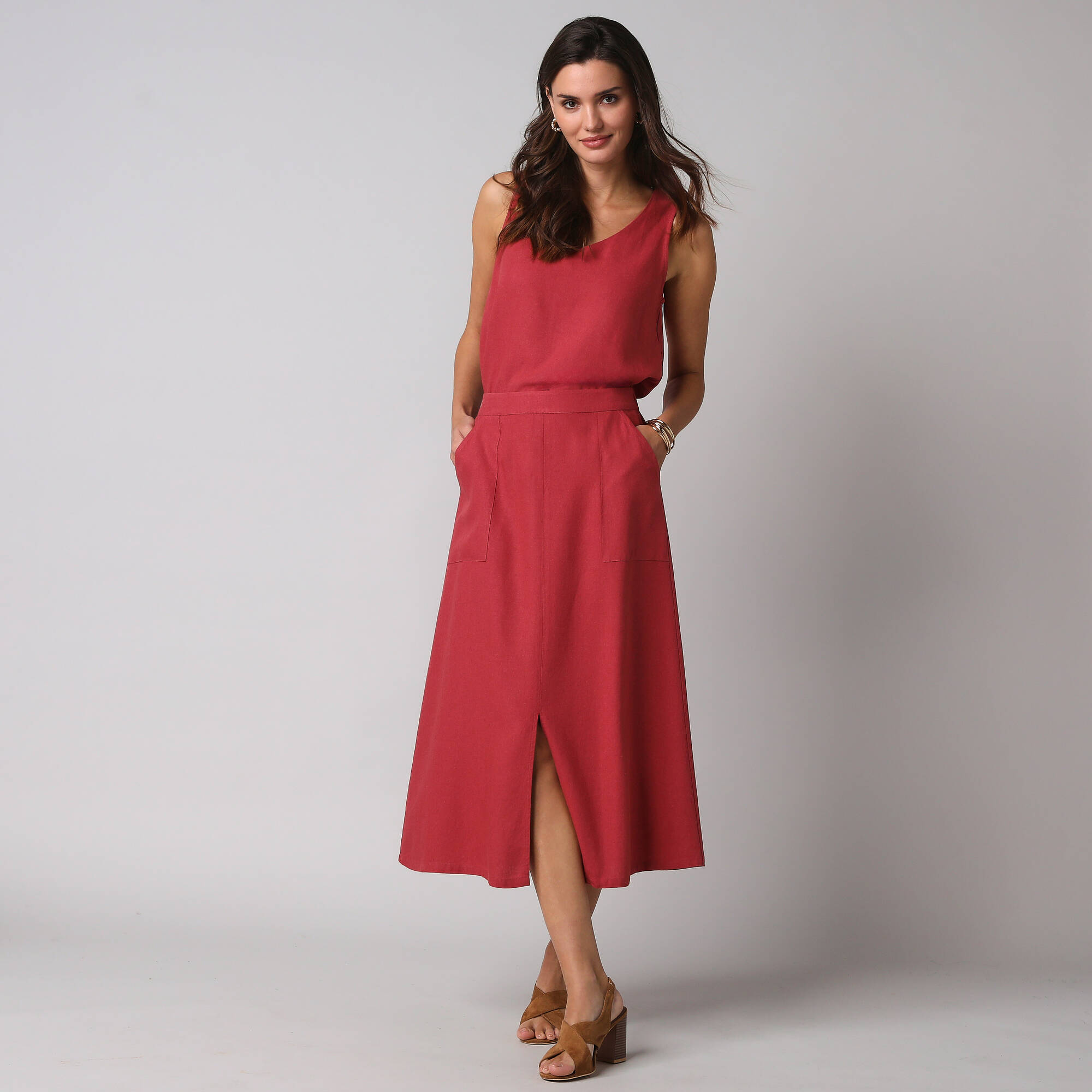 Jupe longue fluide fendue, en viscose lin