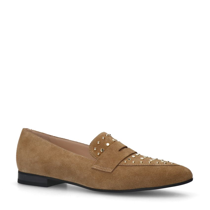 Manfield Cognac suède loafers met gouden studs
