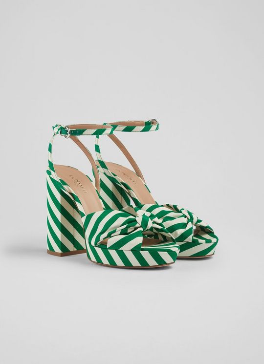 Amanda Green and White Stripe Fabric Platform Sandals