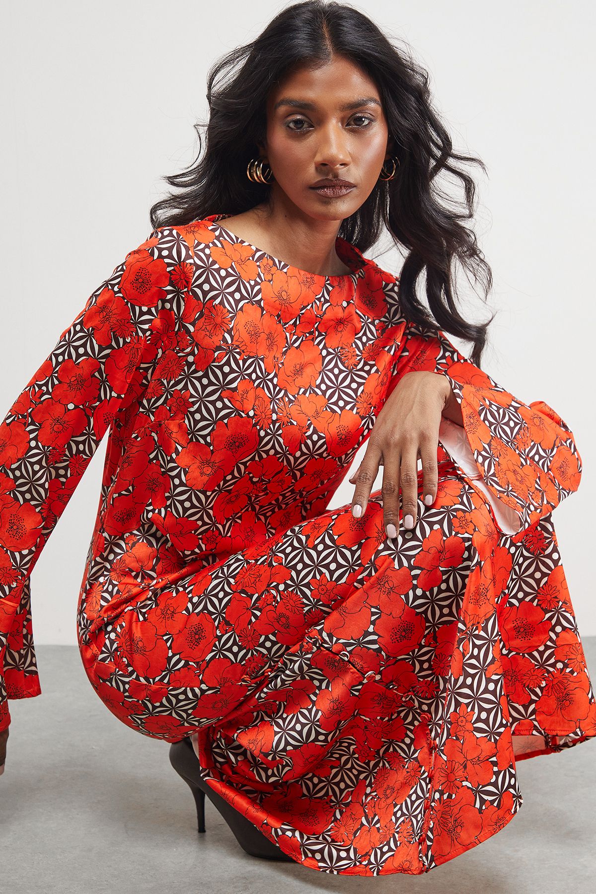 Warehouse Floral Crinkle Satin Bias Button Side Midi Dress