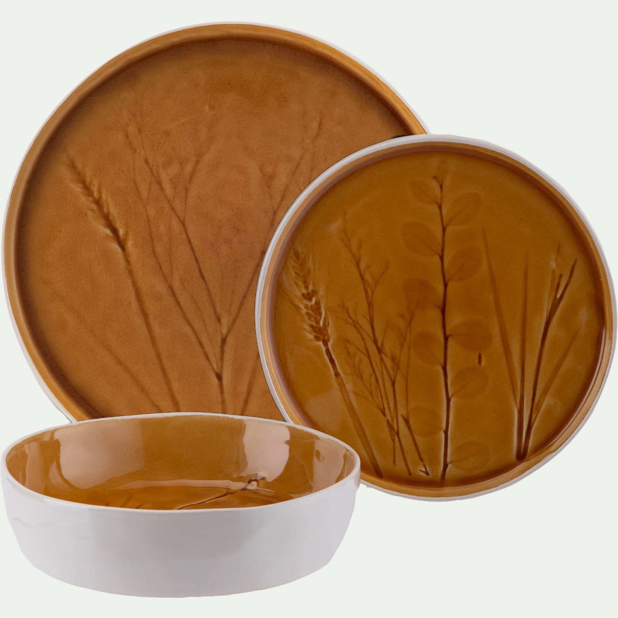 FLEOLE - Assiette plate impressions végétales en grès D26cm - jaune argan