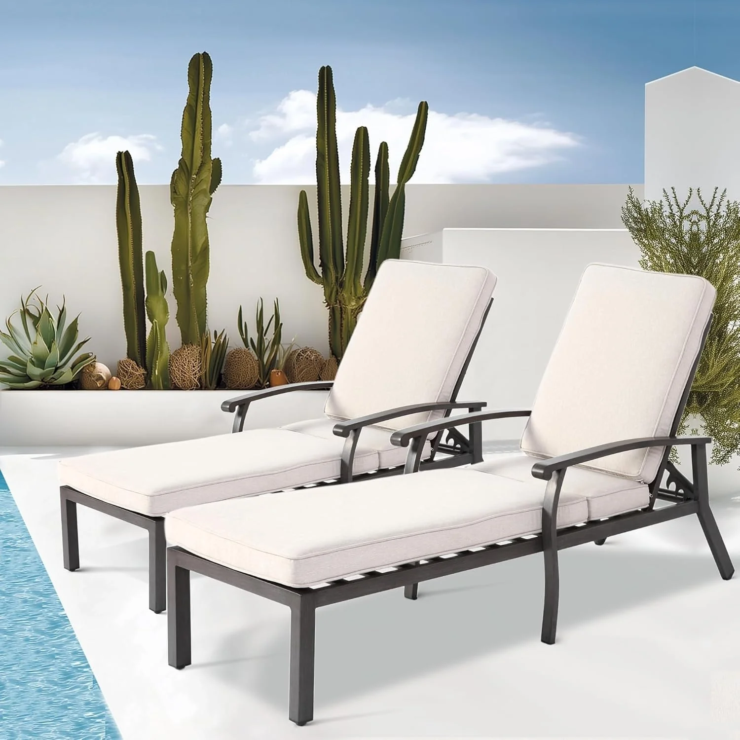 Outdoor Aluminum Reclining 5-Position Adjustable Backrest Chaise Lounge(set of 2) with Cushion