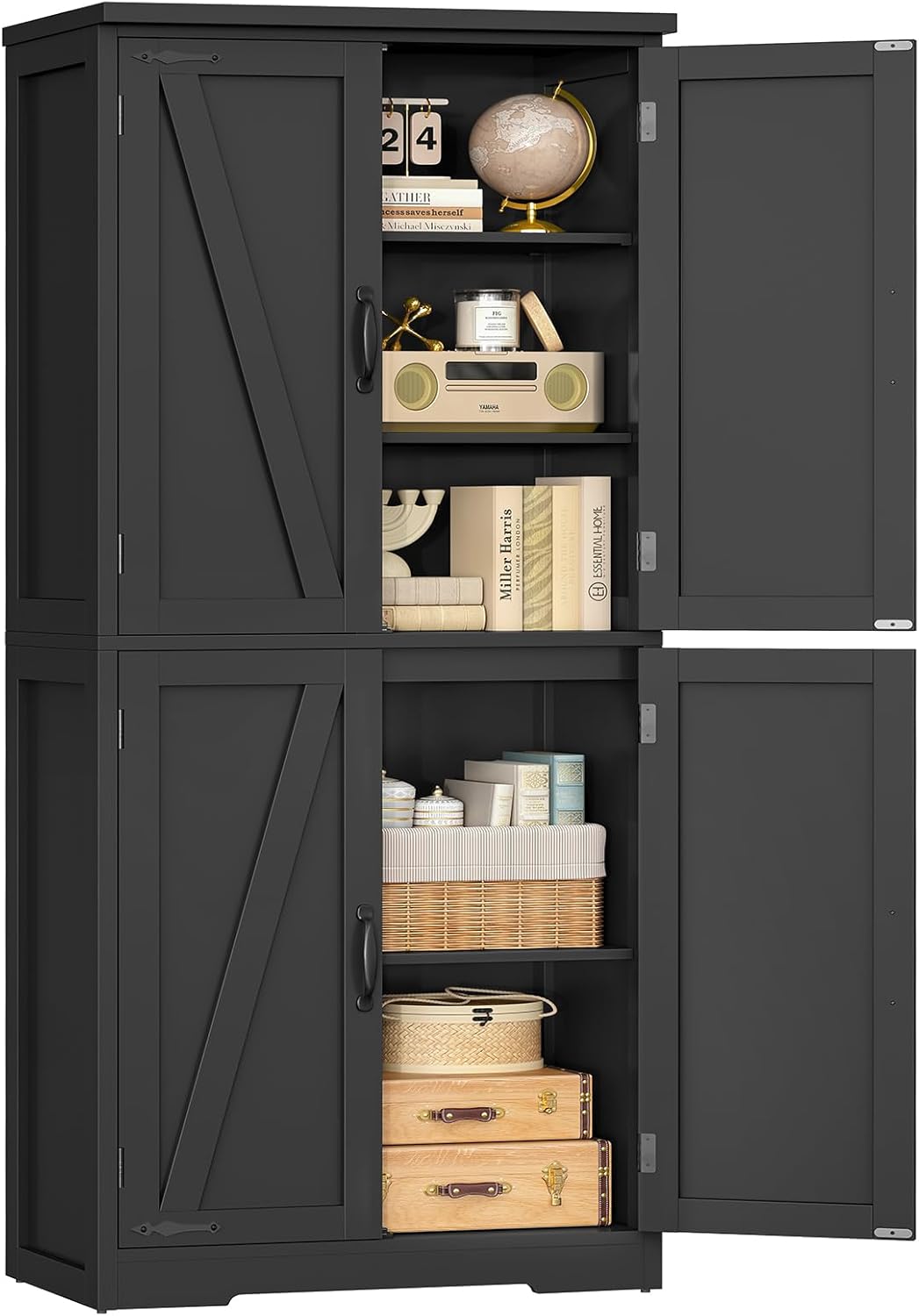 TEENFON 58 H Storage Cabinet with Adjustable Shelf, Kitchen Cabinet with 4 Doors, Farmhouse Pantry Cabinets, Cupboard for Kitchen, Bathroom, Living Room, Black