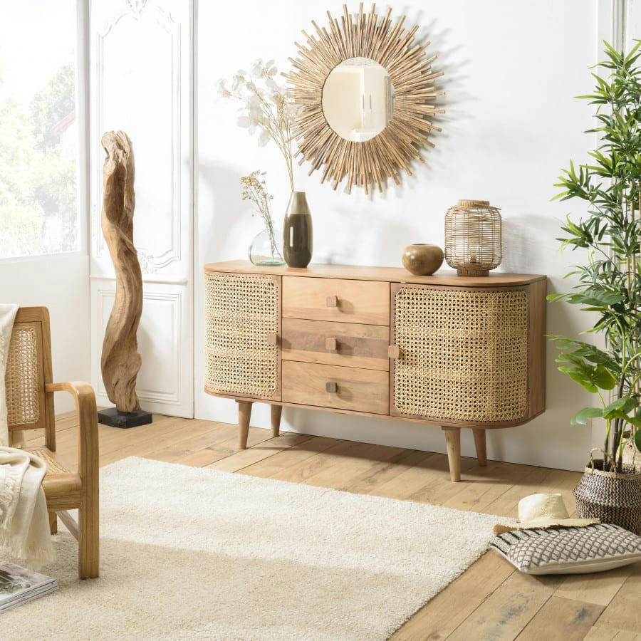 ISA - Buffet marron 2 portes 3 tiroirs bois de jamelonier et cannage