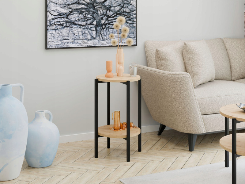 Stolik pomocniczy okrągły loft z półką 35x35x62 cm metalowy czarny