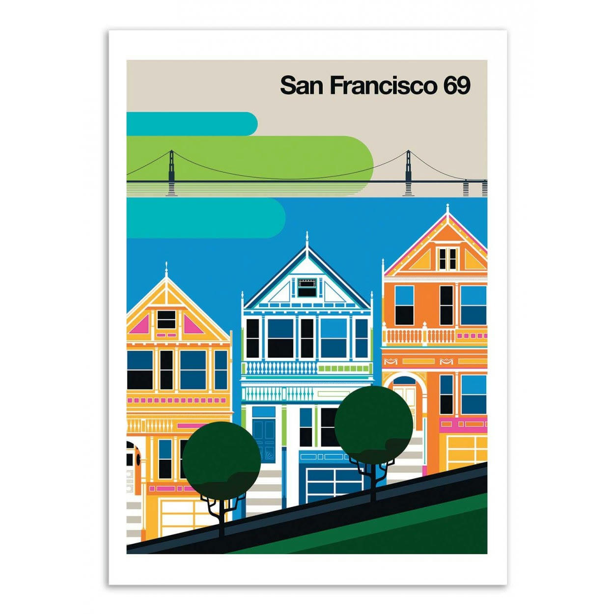 BO LUNDBERG - SAN FRANCISCO 69 - Affiche d'art avec Cadre bois noir - 50 x 70 cm