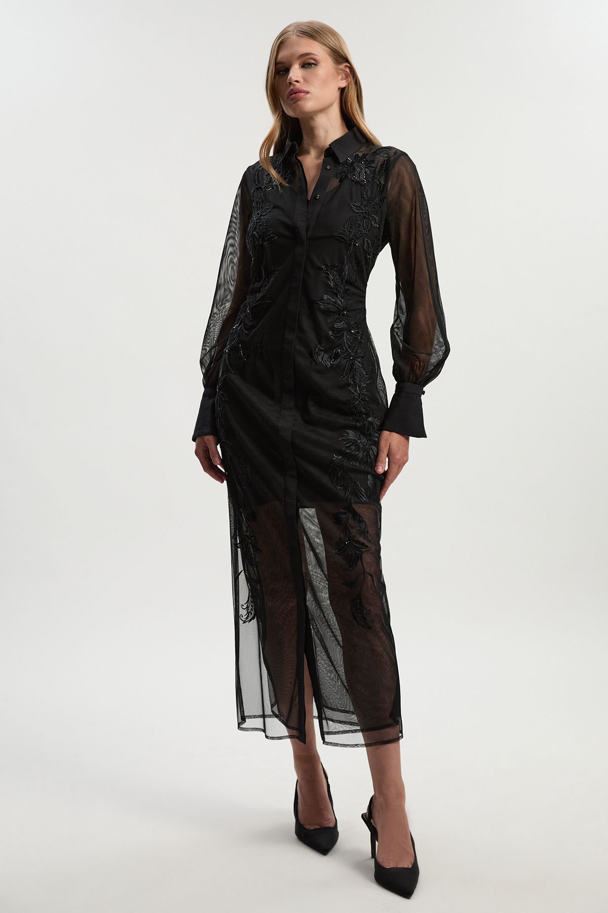 KarenMillen Archive Mesh Embellished Embroidered Sheer Shirt Dress